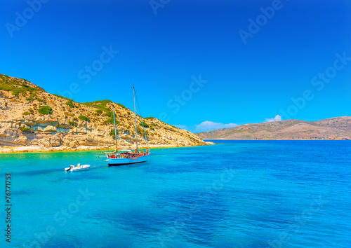 sailing boat out of the main port of Kalymnos island in Greece