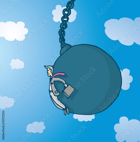 Businessman pushed by giant wrecking ball