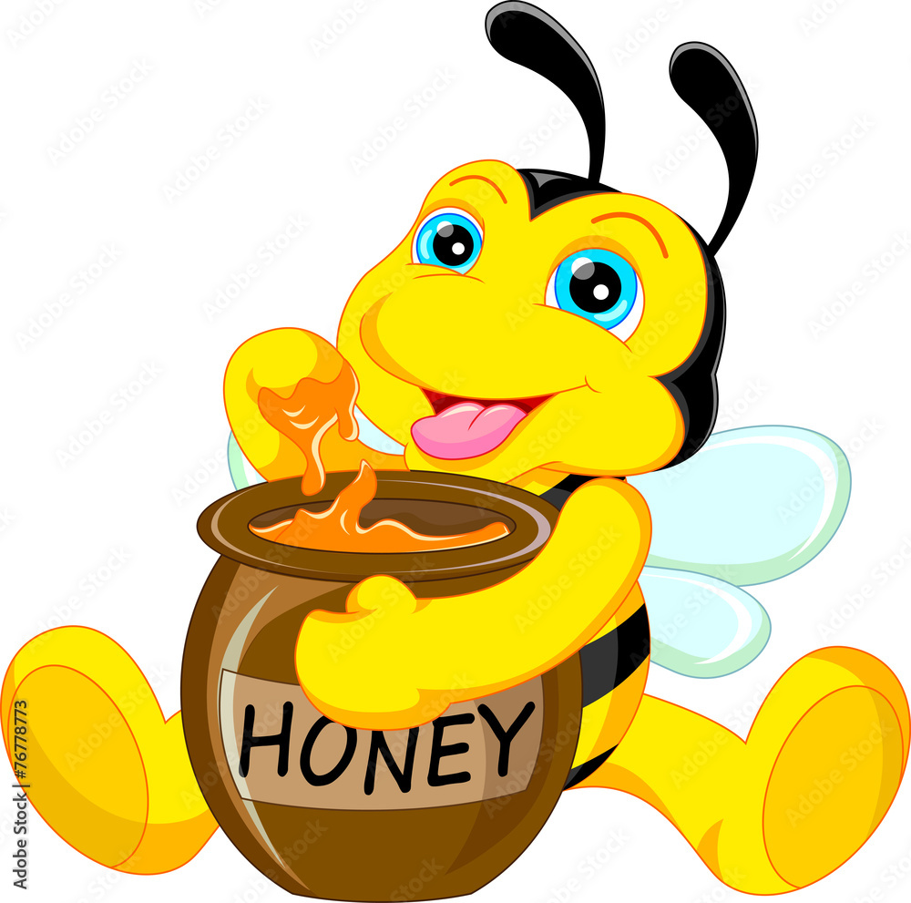 funny bee cartoon with honey - obrazy, fototapety, plakaty 