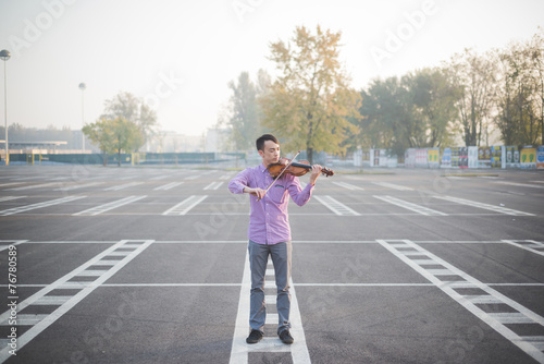 young crazy funny musician violinist asian man