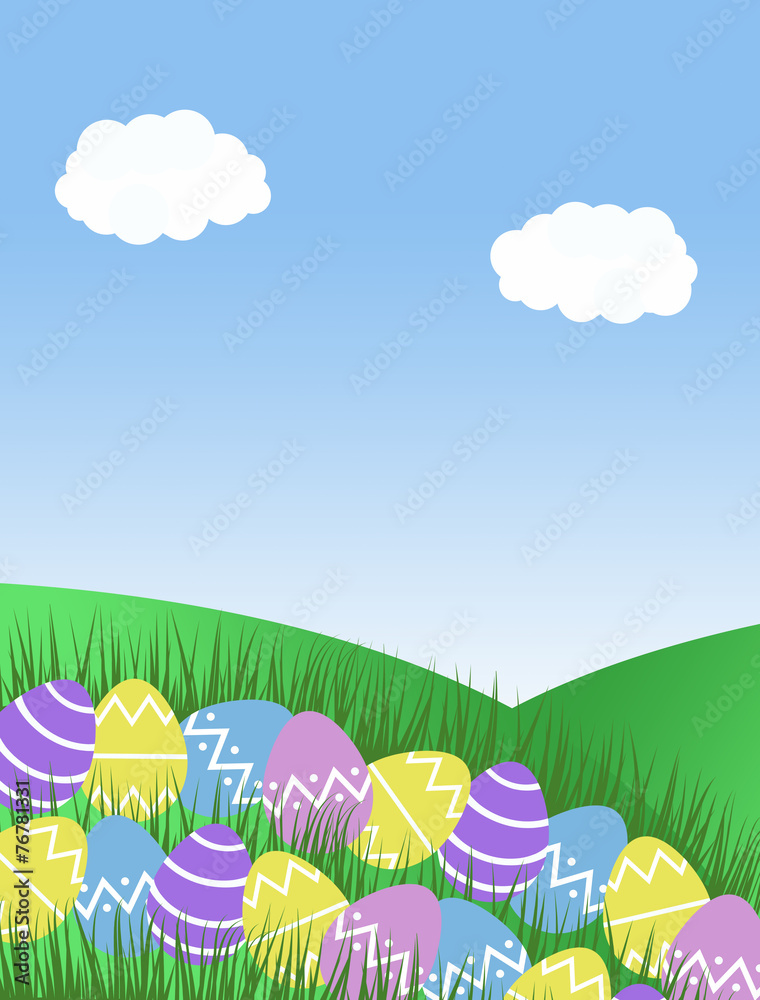 Fototapeta premium easter eggs grass hills blue sky background illustration