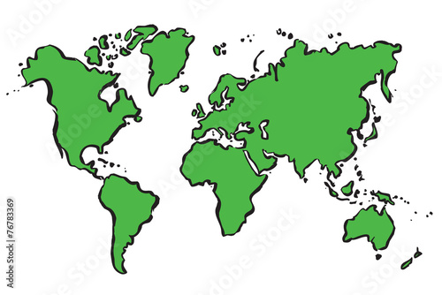 Green vector drawing map of The World.