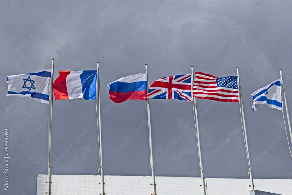 Flags in the wind. America, Britain, Israel, Russia, France.