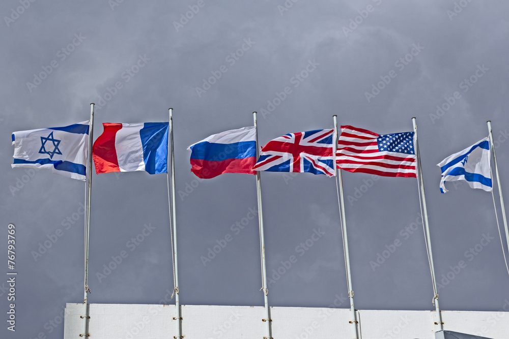 Flags in the wind. America, Britain, Israel, Russia, France. Flags in the wind. America, Britain, Israel, Russia, France.
