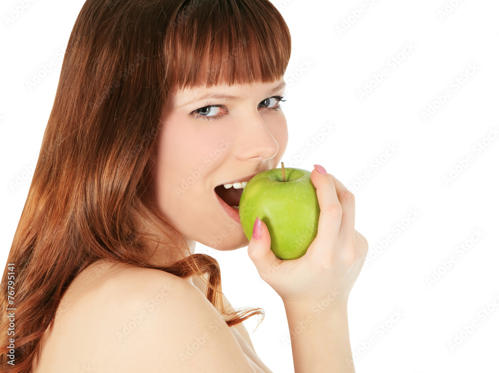 woman eating a green apple isolated over white background woman eating a green apple isolated over white background