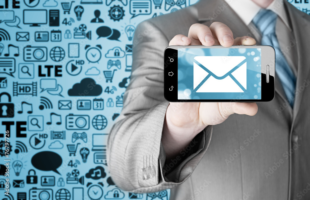 A man holding smartphone with one new message on a screen A man holding smartphone with one new message on a screen