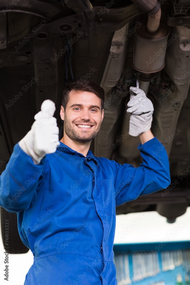 Mechanic examining under the car Mechanic examining under the car