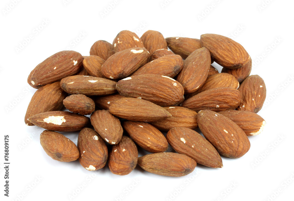 Heap of almond nuts isolated on white background