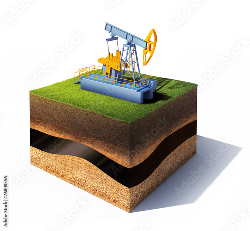 Section of ground with grass and oil pump jack isolated on white
