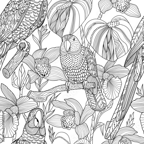 Parrots and tropical flowers. Vector seamless pattern