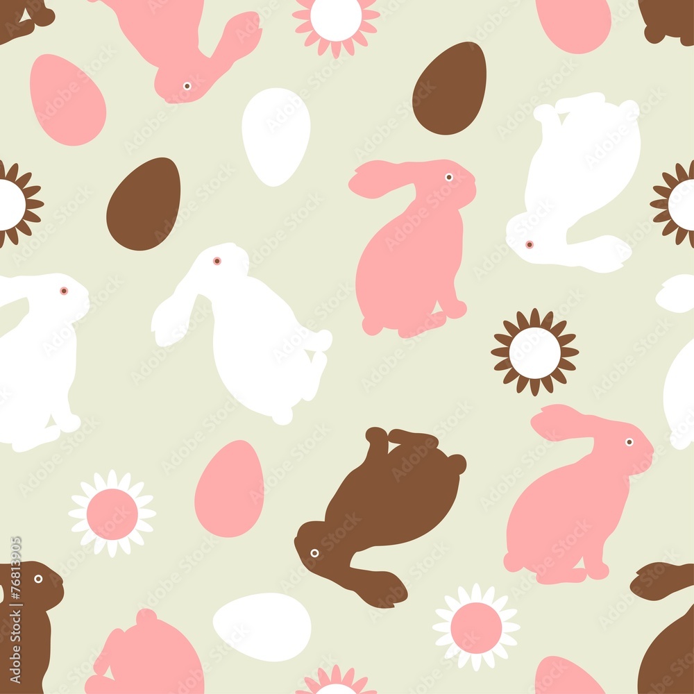 Easter bunnies eggs seamless pattern decorative flowers