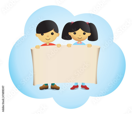 Cute boy and girl holding a poster