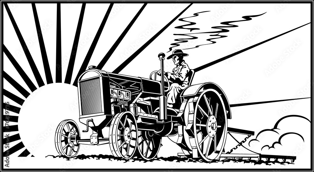 Obraz premium farmer on a tractor in a field retro, agriculture, vector illust