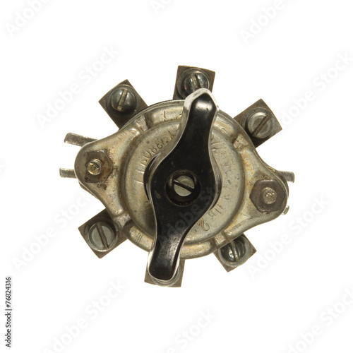 Vintage circuit breaker with a black handle isolated on white ba