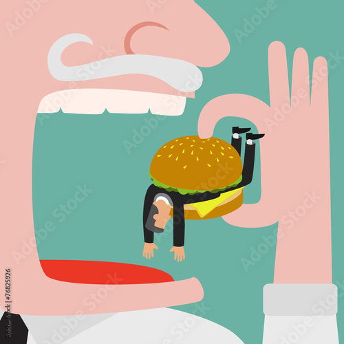 Bigger businessman eating businessman who get trapped by burger