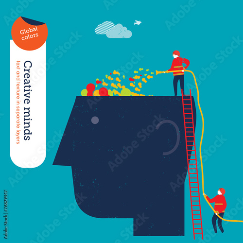 Businessmen firemen filling an empty head with bulbs