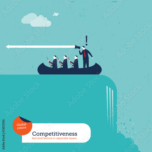 Leader in a boat avoiding to fall in a waterfall