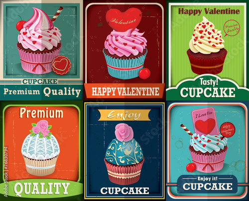 Vintage Valentine cupcake poster design set