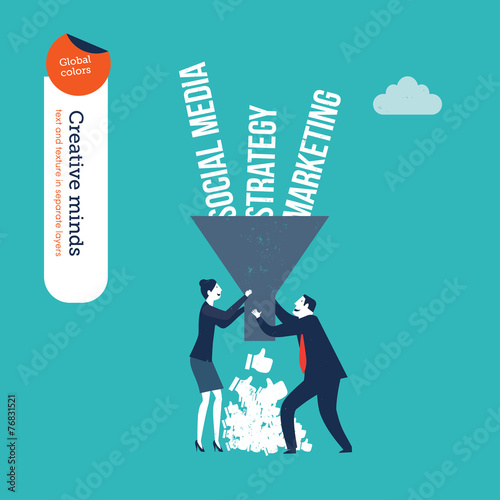 Businessman and woman with funnel and words