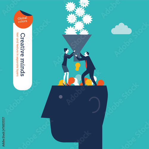 Businessman and woman with funnel filling a head with gears