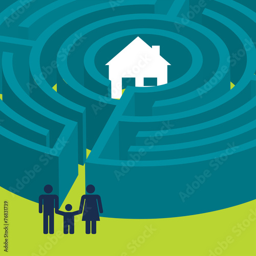 Family finding the way to a house in a maze