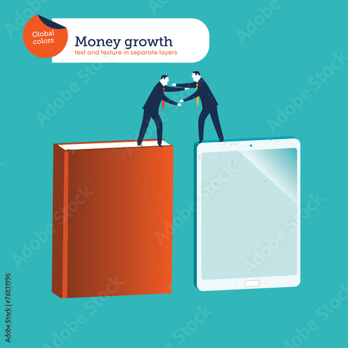 Two businessmen helping each other to jump