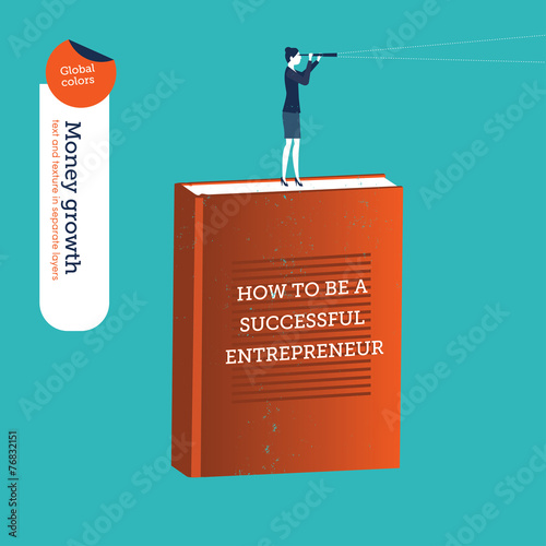 Businesswoman on a entrepreneur book with a spyglass.
