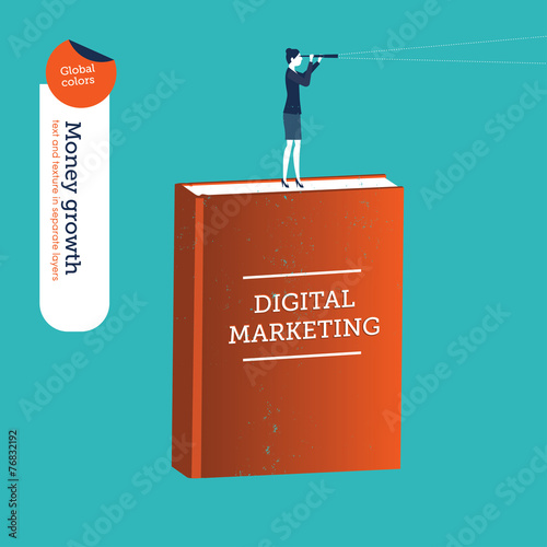Businesswoman on a digital marketing book with a spyglass.