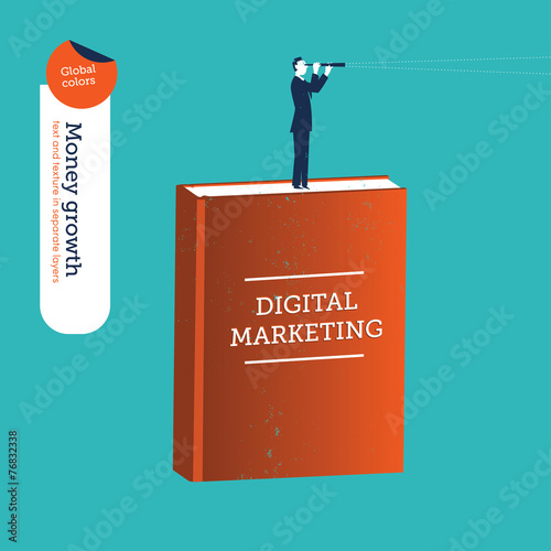 Businessman on a digital marketing book with a spyglass