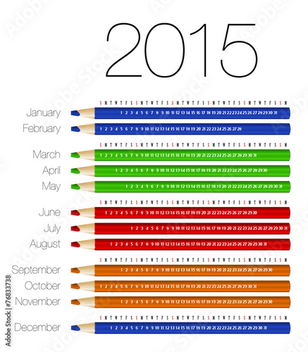 English calendar for 2015 on colorful pencils