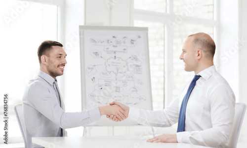 two smiling businessmen shaking hands in office