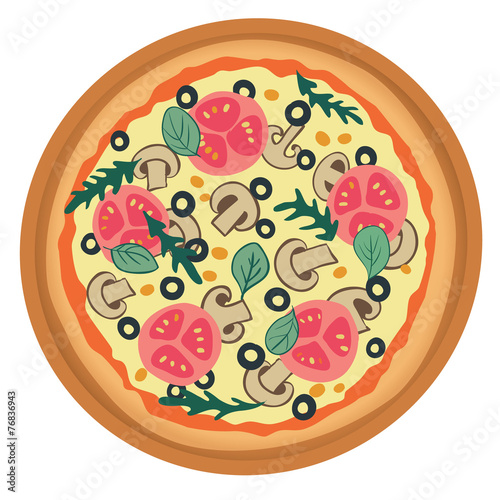 pizza with tomato, mushrooms and olives.