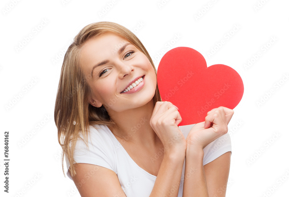 smiling woman in white t-shirt with heart smiling woman in white t-shirt with heart