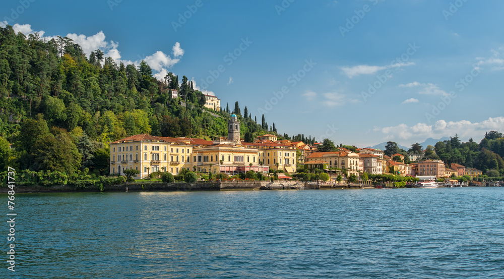 Idyllic Bellagio seen from Lake Como in the afernoon sunlight
