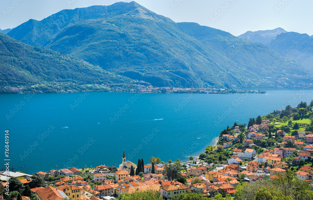 Colorful image of Lake Como and its blue water on a sunny day