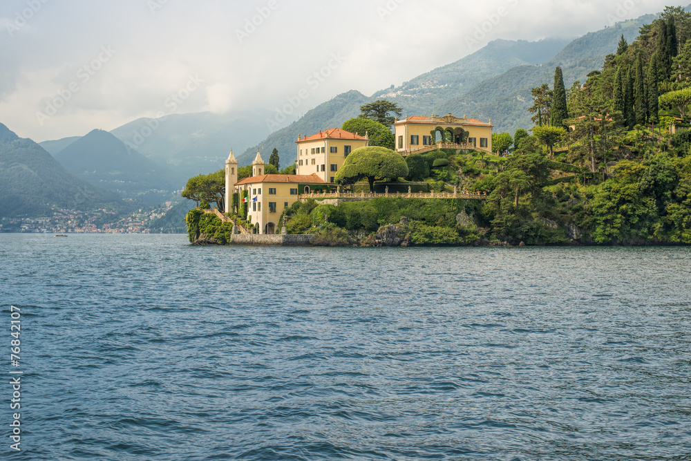 Villa del Balbianello seen from the water, Lake Como, Italy, Eur