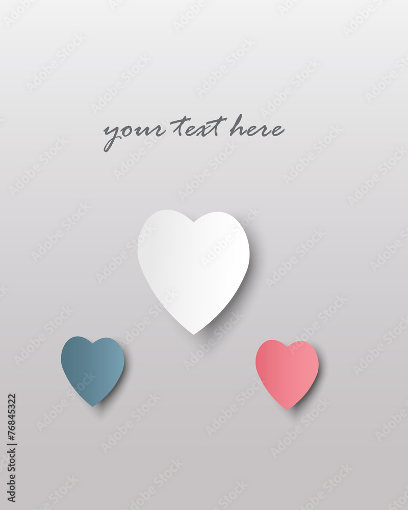 Hearts with shadows in different colors, vector Valentine's card