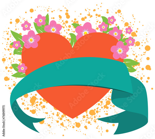 valentine heart ribbon with pink flowers - vector illustration