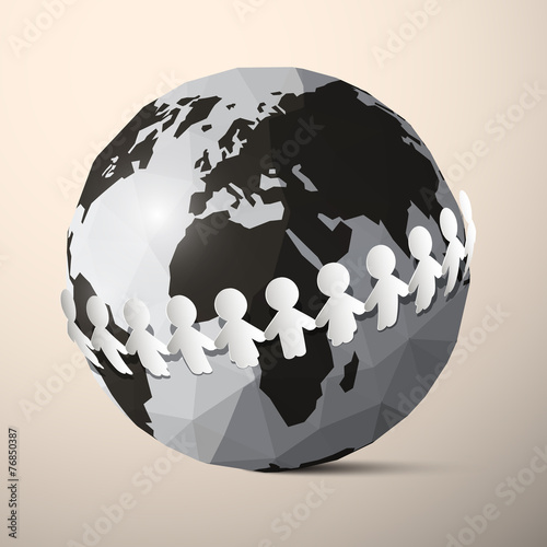 Paper People Holding Hands around Globe - Earth Vector