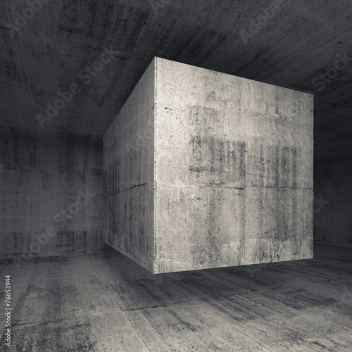Dark gray concrete room interior with flying cube #76853944