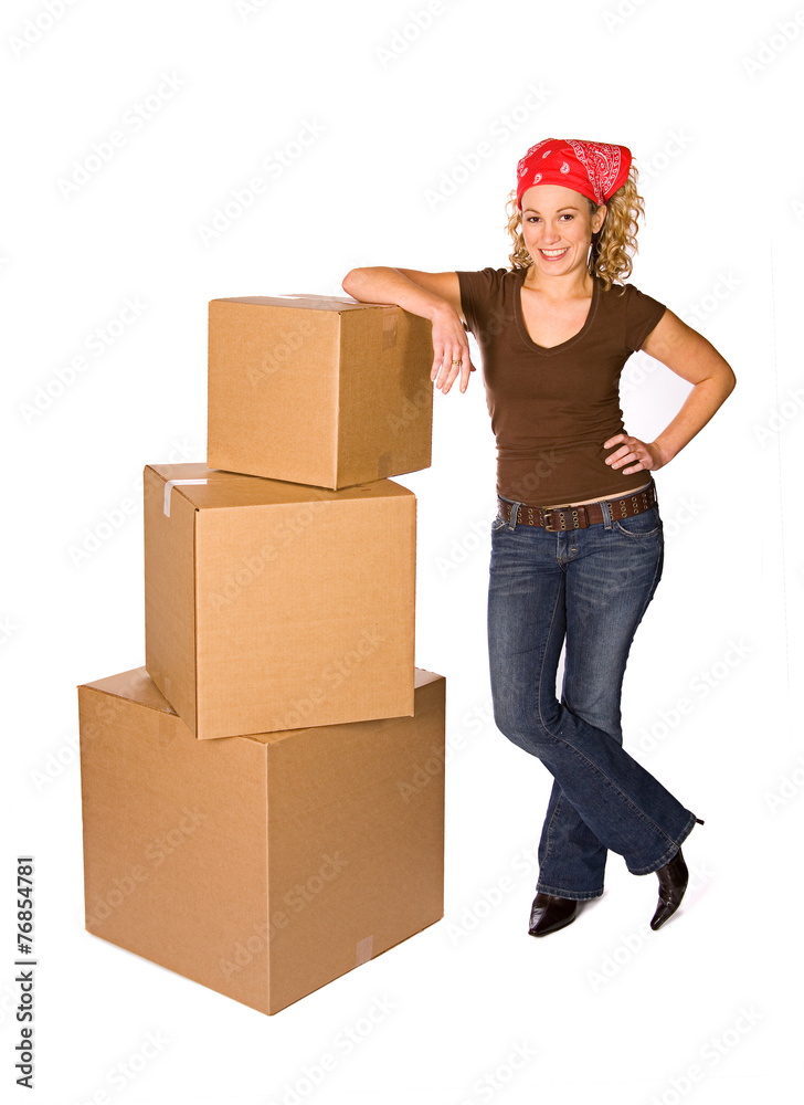 Boxes: Woman Leans On Stack Of Sealed Boxes Boxes: Woman Leans On Stack Of Sealed Boxes