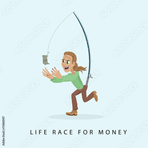Woman Hunting For Money - Isolated On Blue Background - Vector Illustration, Graphic Design, Editable For Your Design