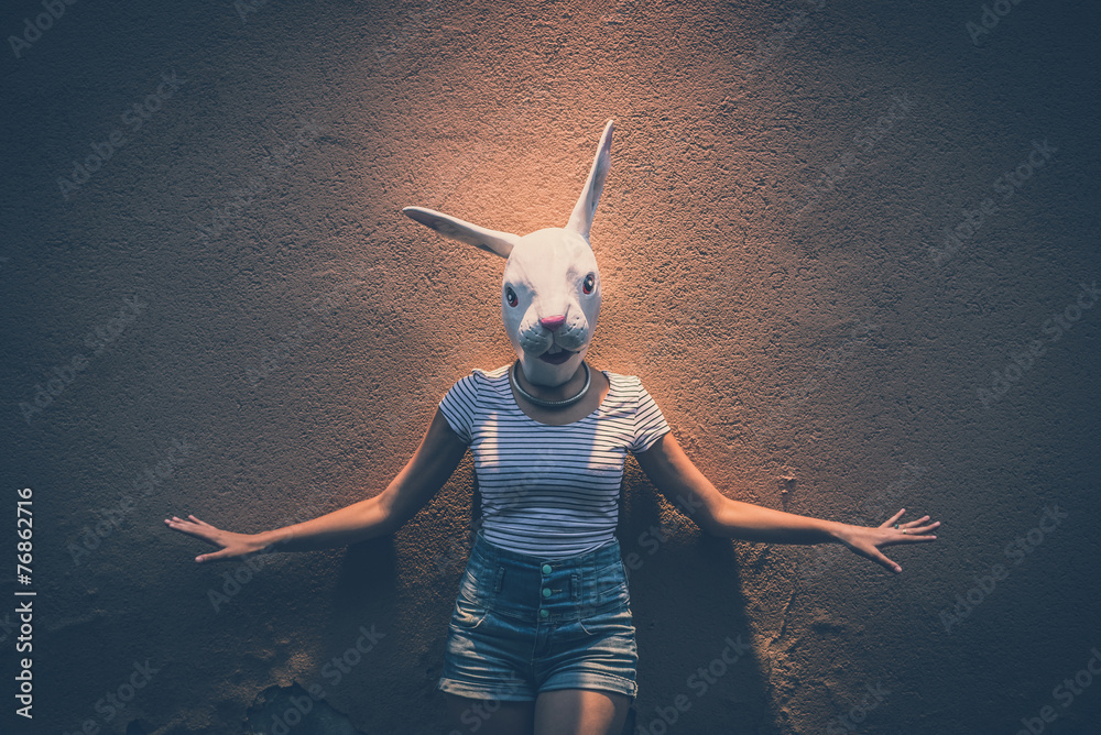 young hipster woman with rabbit mask - obrazy, fototapety, plakaty 