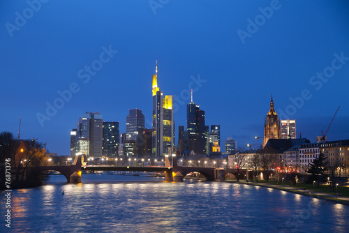 The view of Frankfurt s skyscrapers at dusk time from bridge