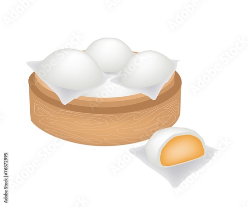 Chinese Steamed Bun and Creamy Stuff on Bamboo Basket