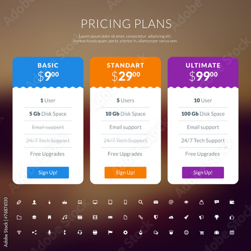 Vector pricing table in flat design style