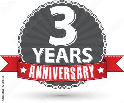 Celebrating 3 years anniversary retro label with red ribbon, vec