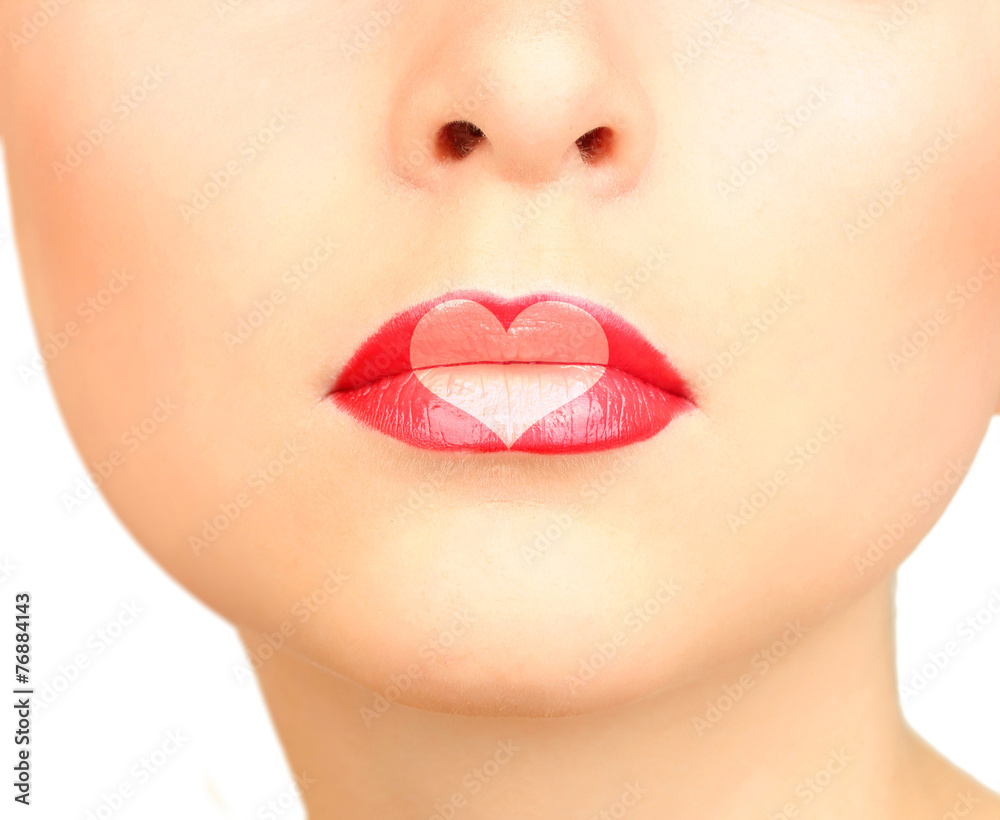 Obraz premium Love concept. Sexy lips with heart shape paint, closeup