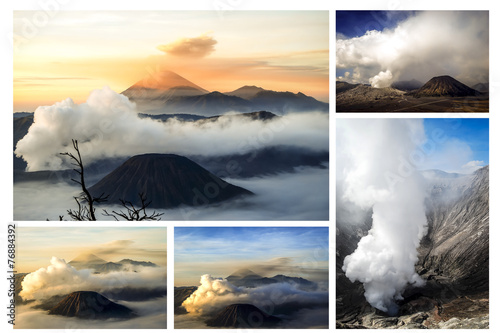 Collage aktiver Vulkan Mount Broma auf Java Indonesien
