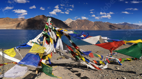 Buddhist prayer flags flying at Pangong Lake, Ladakh, India